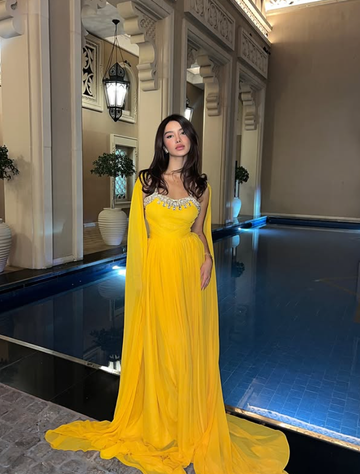 Yellow A Line Spaghetti Straps Rhinestone Chiffon Long Prom Dress Evening Dress HZ1023